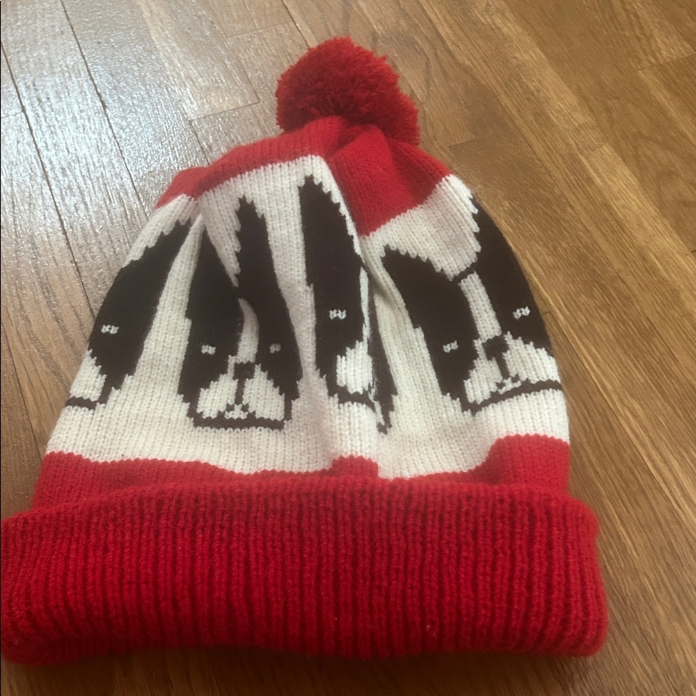 Red and White Beanie with Dog Design